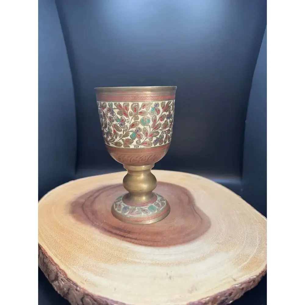 Vintage brass Pedestal Display Cup Etched with Enamel Floral Design